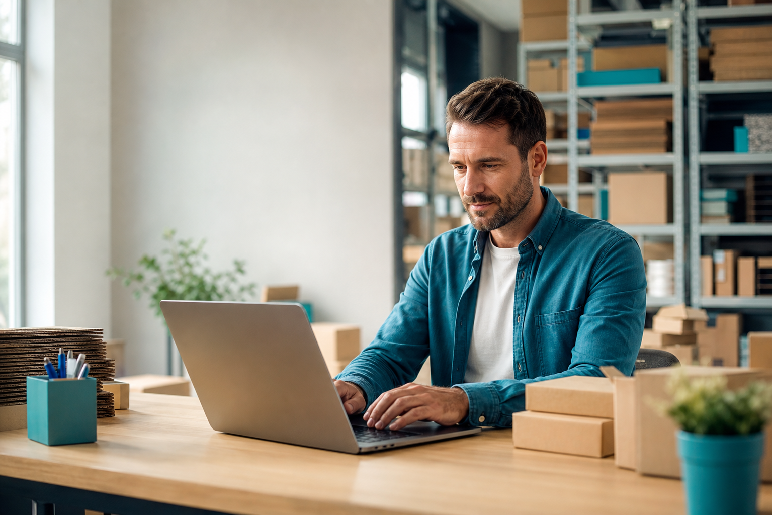 Mitarbeiter eines Handelsunternehmens arbeitet mit einem Laptop im Fulfilment-Bereich.